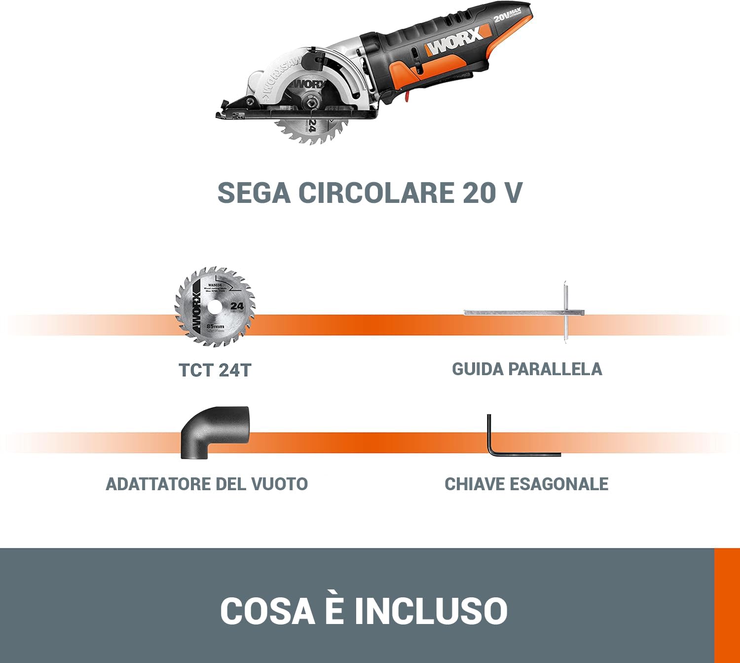 WORX WX527.9, sega circolare compatta ad immersione a batteria 20V (solo corpo macchina)