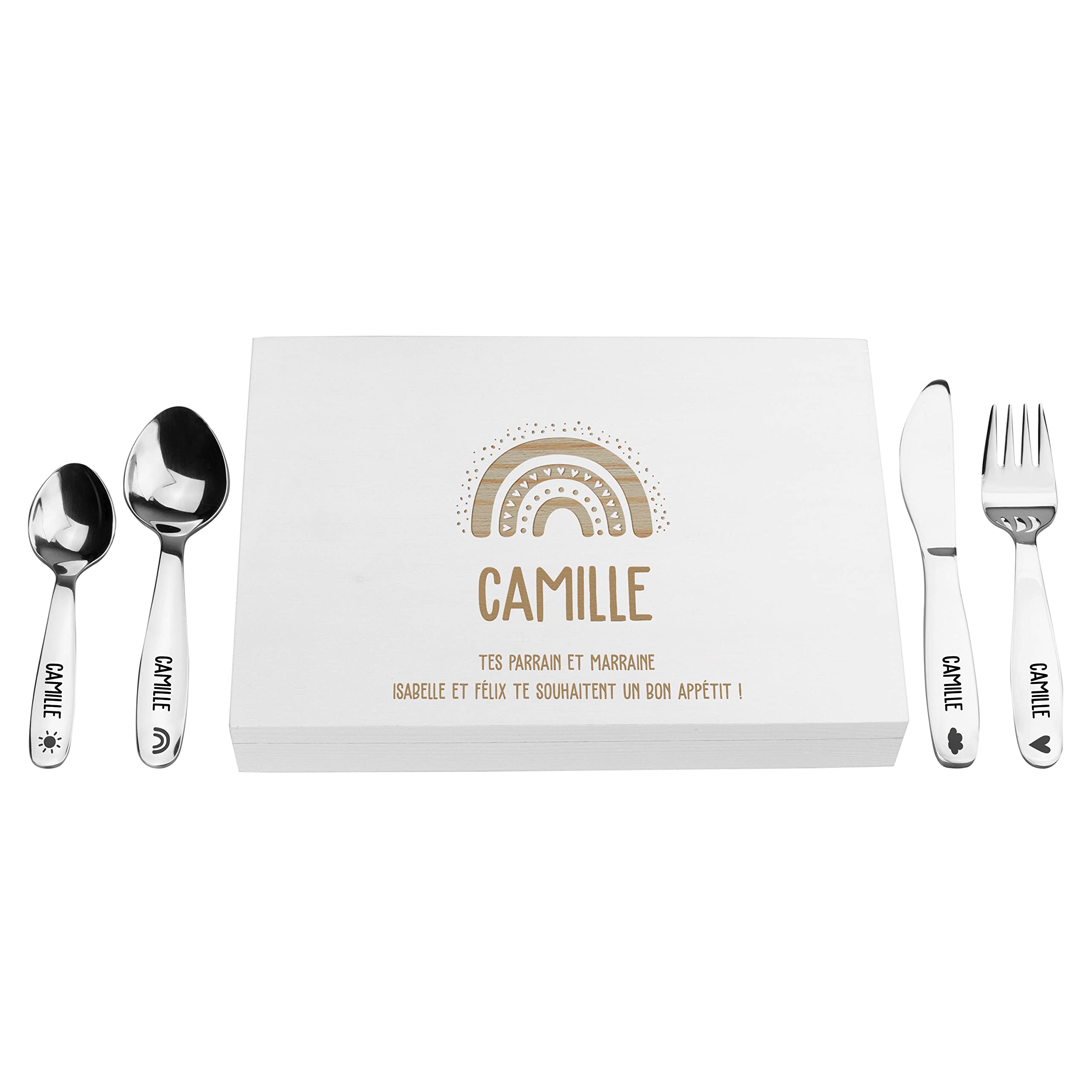 LAUBLUST Couvert Enfant personnalisé - Cadeau personnalisé - Arc-en-Ciel avec des cœurs - Blanc - 4 pièces - Couverts Enfant en INOX