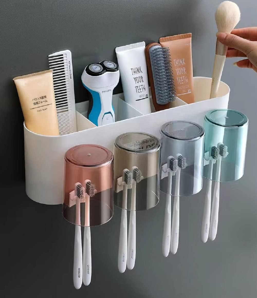 KITNET Plastic Toothbrush Holder Wall Mounted with 4 Cups Bathroom Toothbrush Organizer Stand with Dustproof Cover Toothbrush and Toothpaste Holder for Family, Bathroom Wall Storage Rack (White)-image-49