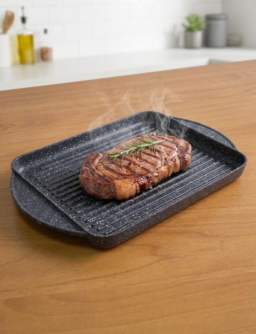 Bistecchiera Rettangolare 40x28 cm in Pietra Lavica Antiaderente – Alto Spessore – Ideale per Cottura Sana e Naturale