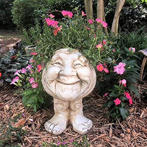 ZXCFTG Lustige Gesichts-Blumentöpfe, Muggly Face Pflanzgefäße, Kunstharz, Statue, Pflanzgefäß, niedlicher Kopf, Blumentöpfe, antikweiß, Outdoor-Statue, Oma für Terrasse, Rasen, Garten, Hof-Dekoration Cover