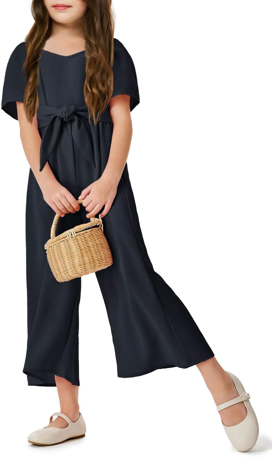 Haloumoning Girls Romper Kids Fashion Square Neck Short Sleeve Wide Leg Pants Jumpsuit with Pockets 7-14 Years