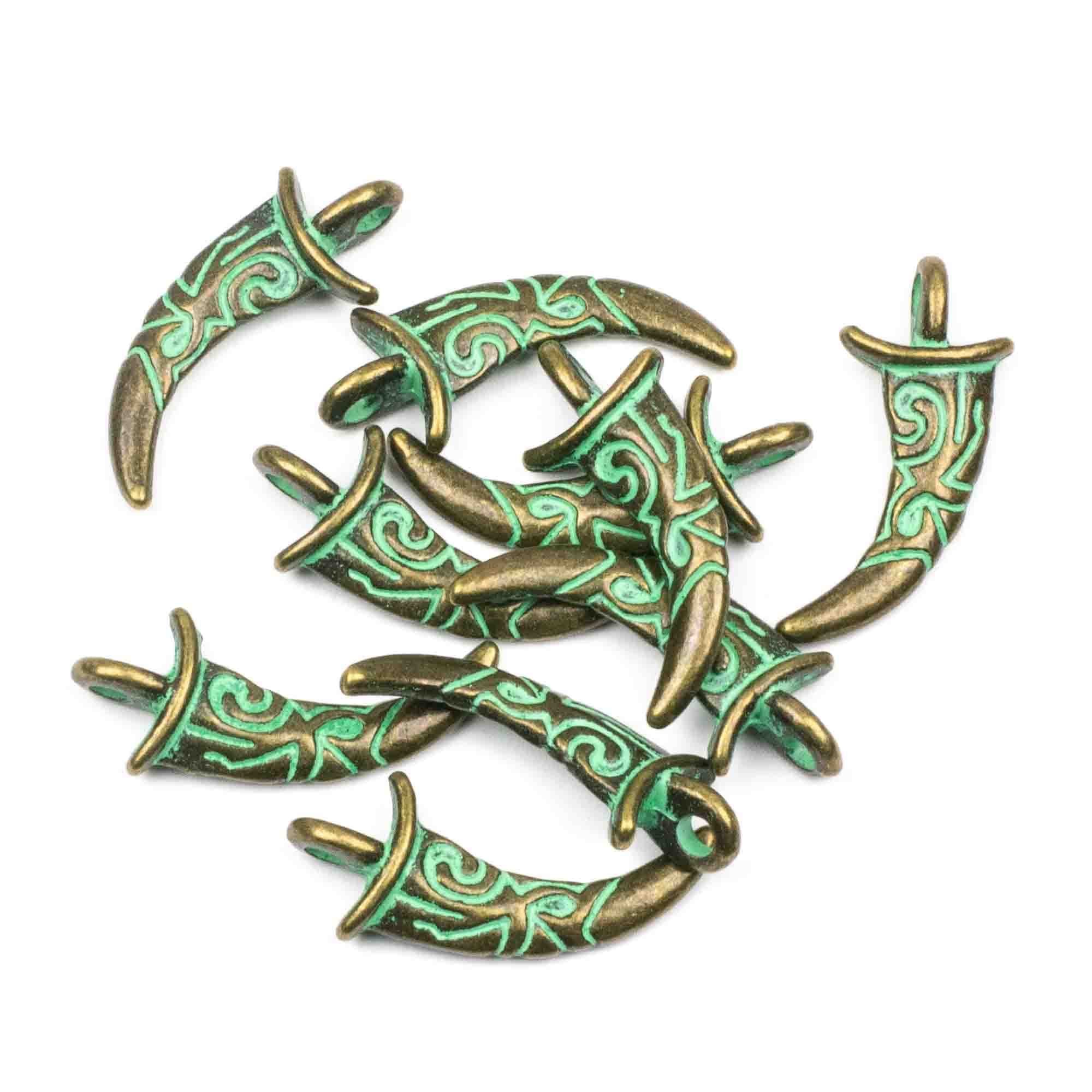 Cherry Blossom Beads Decorated Horn Pewter Charm/Pendant - 13x29mm Green Bronze Patina - 10 per bag