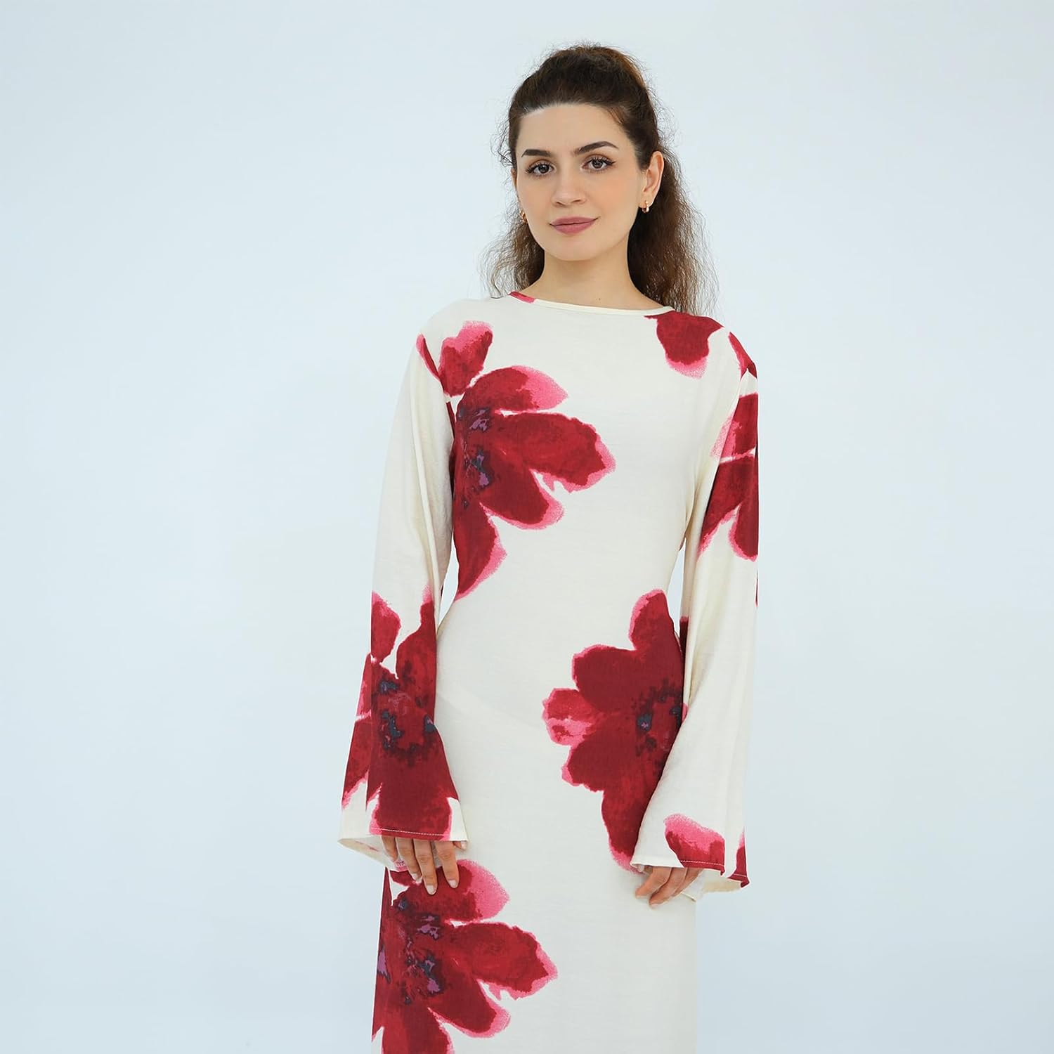 FYMNSI Womens Muslim Dresses Bell Sleeve Floral Butterfly Abaya Modest Dubai Kaftan Islamic Dress Eid Ramadan Prayer Clothes