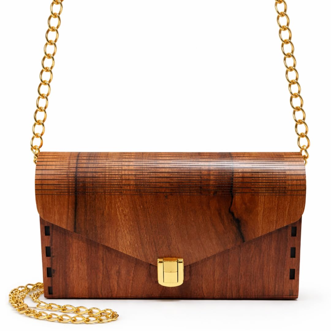 unagar brothers Wooden Clutch Bag for Women, Brown, Envelope Style, Gold Chain Strap, Crossbody Handbag-picture-26