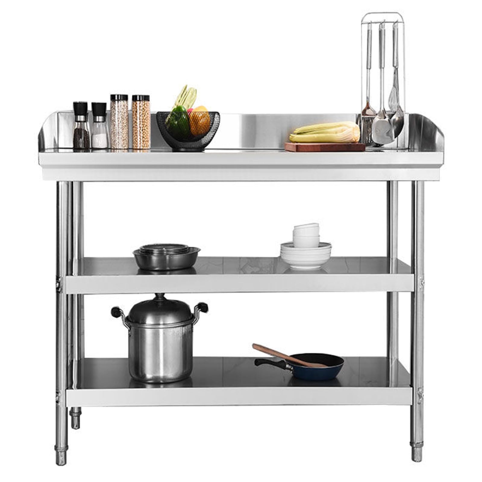 Banco de trabajo de acero inoxidable con recinto, diseño curvado de tres niveles, mesa de preparación de cocina, estación de trabajo de metal, 80 x 50 x 80 cm, ideal para espacios culinarios