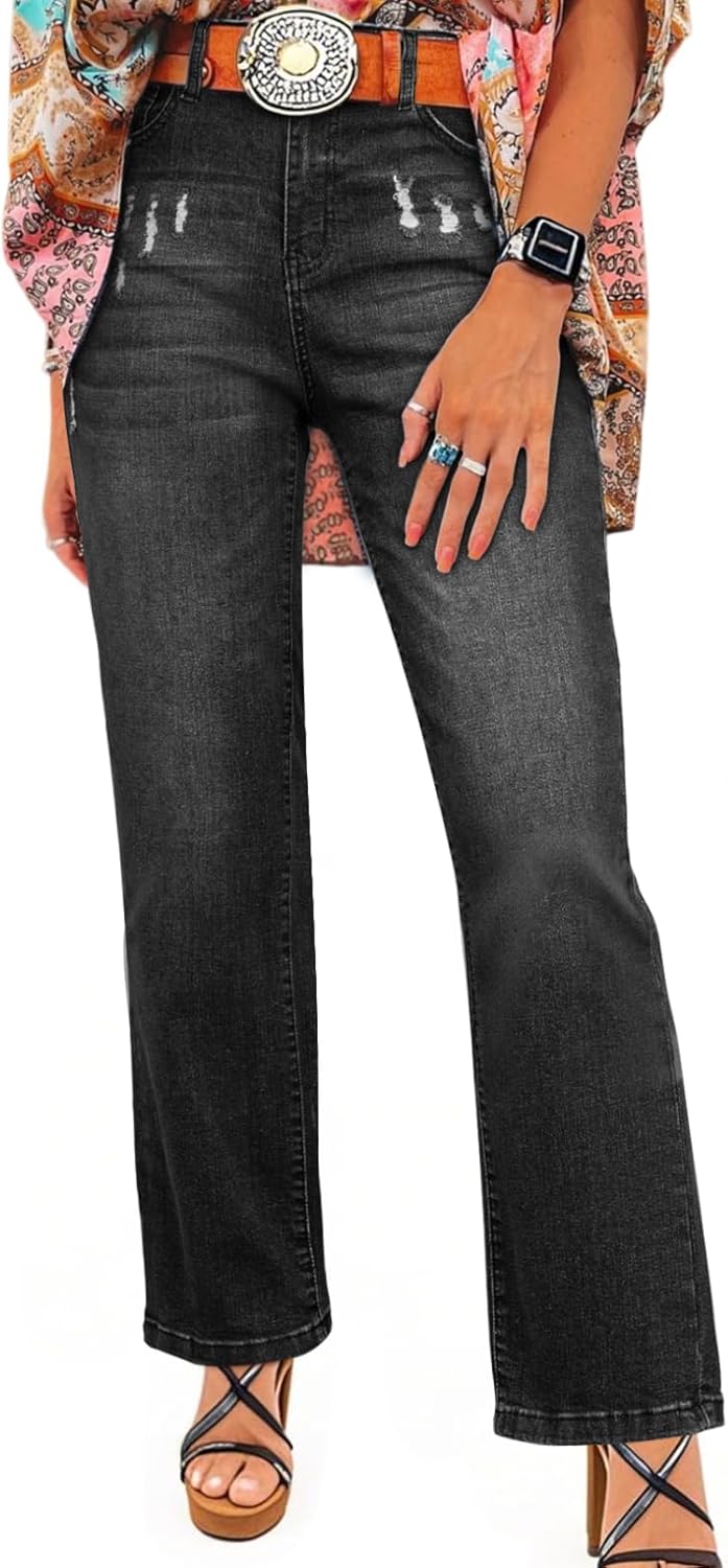 SHEWIN Straight Leg Jeans for Women Trendy High Rise Tapered Flare Jeans Stretchy Wide Leg Ankle Denim Pants with Pockets SHEWIN Straight Leg Jeans for Women Trendy High Rise Tapered Flare Jeans Stretchy Wide Leg Ankle Denim Pants with Pockets