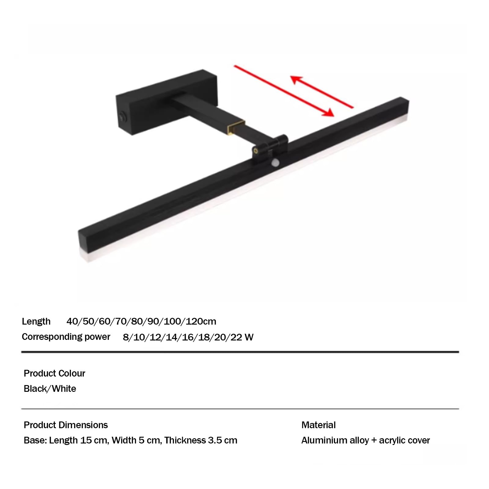 Kinkiet LED do łazienki z czujnikiem ruchu 120 stopni, akrylowy, aluminiowy, minimalistyczny, długi kinkiet, nowoczesna dekoracja lustrzana do salonu, sypialni i kuchni, czar,Black White Light-80cm