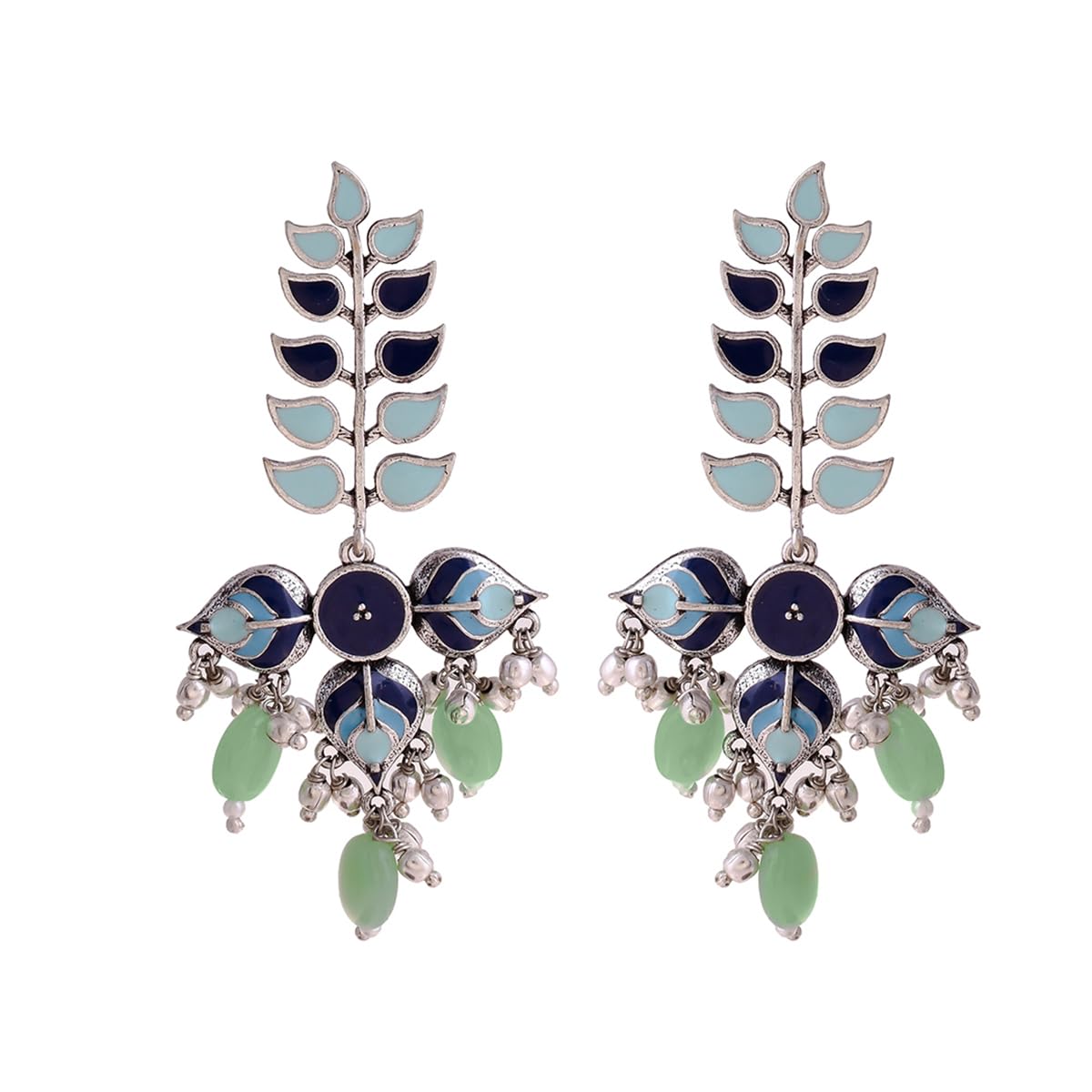 Silver Oxidised Leaves Shape Multicolor Long Drop Earrings for Women and Girls