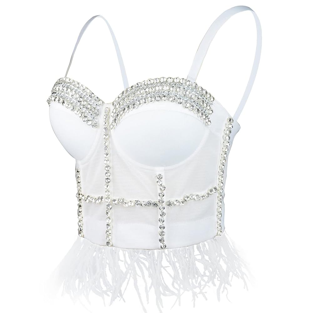 トップス herpraha circular bustier ELLACCI Women's Feather Tassel Diamond Chain Mesh Bustier