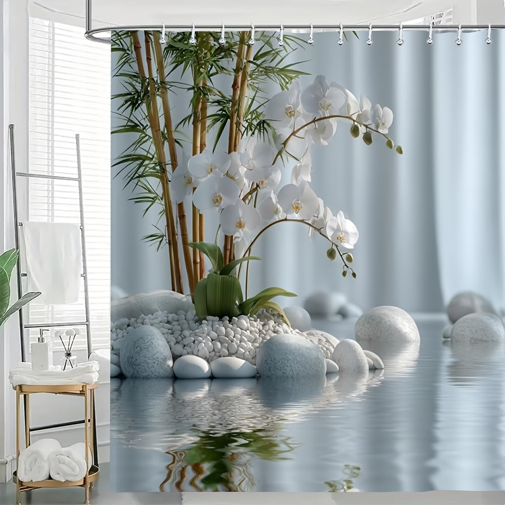 Glksdlpo Shower Curtain 1Pc Flat Printing/White Orchid Stones Water Bathroom /Non-Real Embroidery/Suitable For Rooms Residences(148X202cm/58X80in(Wxh))