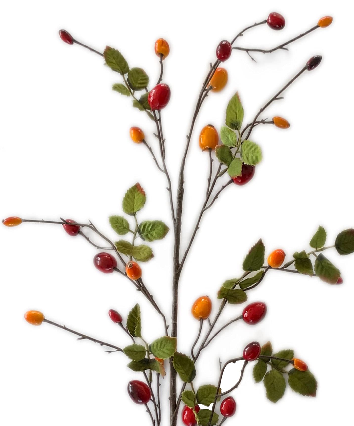 naninoa Künstlicher HAGEBUTTENZWEIG 90 cm. Beerenzweig, Heckenrose, Hagebutte, Wildrosen, Heckenrose. Kunstblume ROT, ORANGE