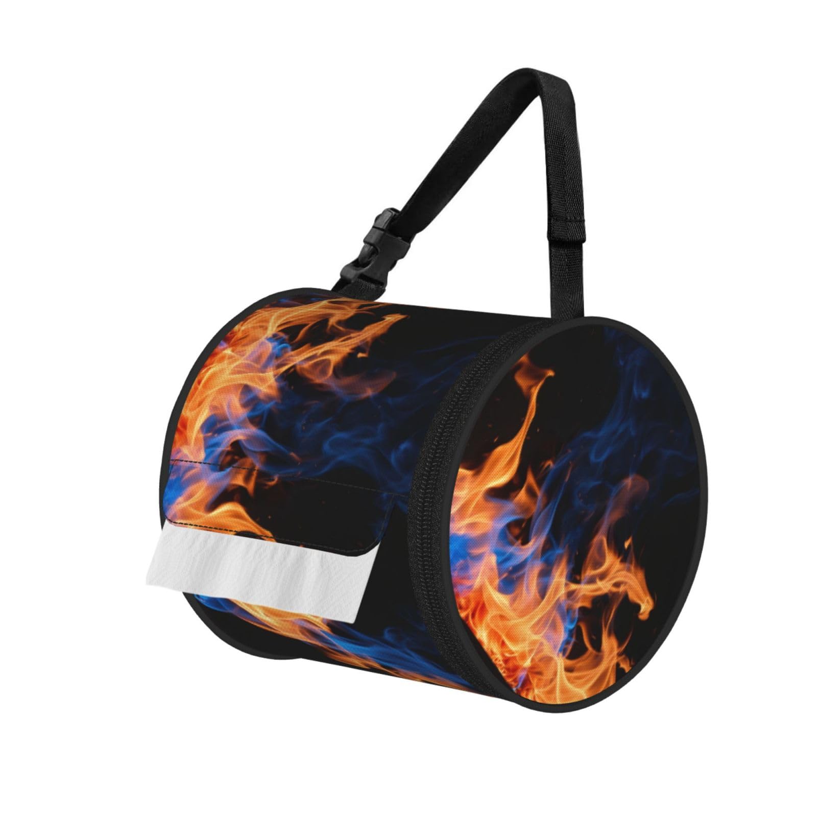 Blue Flame Print Cylinder Bathroom Tissue Holder With Buckle Strap, Portable Paper Case For Road Trips