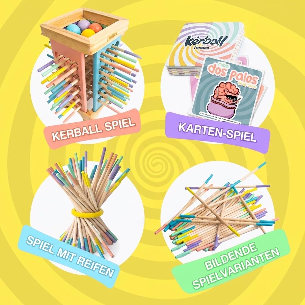 Kerball Up Jouets Montessori 3 4 5 ans en bois – Jeux de table éducatifs pour enfants Motricité fine | Tour amovible avec cartes et dés | Cadeau original pour fille