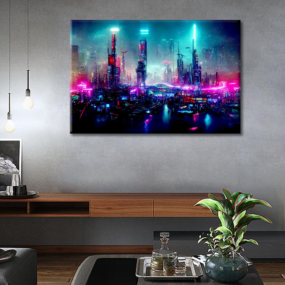 1 panel de lienzo para pared, diseño futurista de Ciudad Cyberpunk llena de luces de neón por la noche, imagen para sala de estar, estilo retro futuro, arte pixelado, pintura moderna, decoración de
