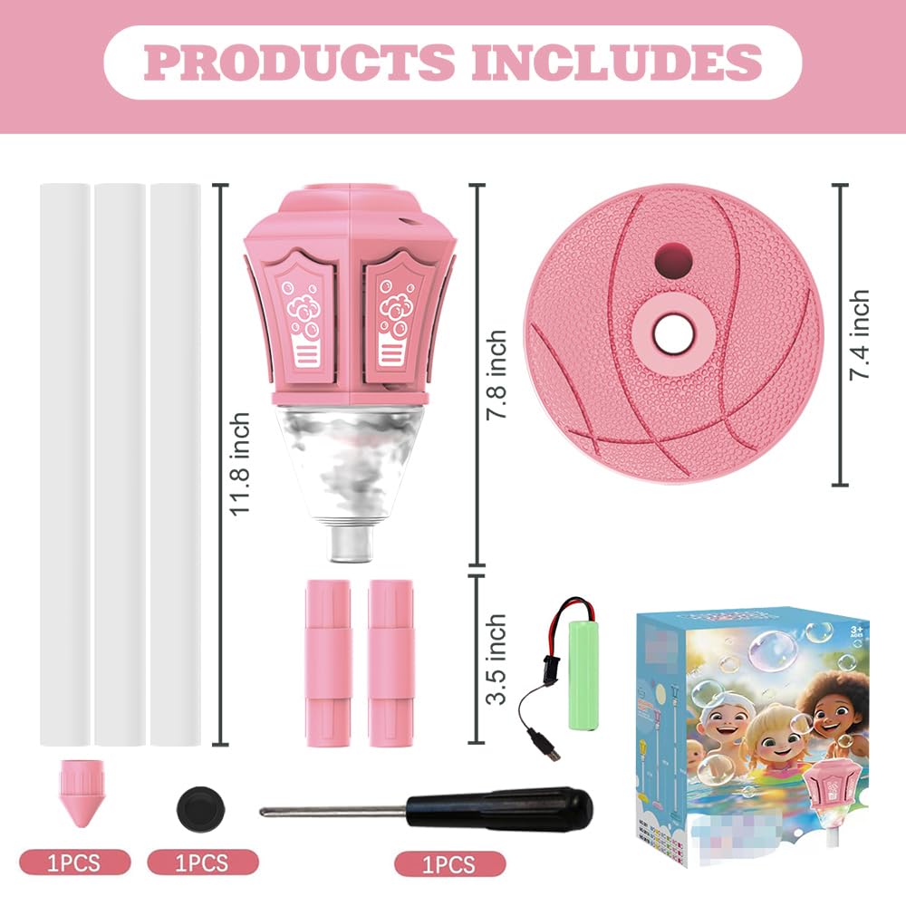 Lámpara de Jardín Bubble Torch con Luz y Música,Altura Regulable 52-115 cm,Máquina de Burbujas Recargable para Exteriores con Mando a Distancia para jardín (Rosa)