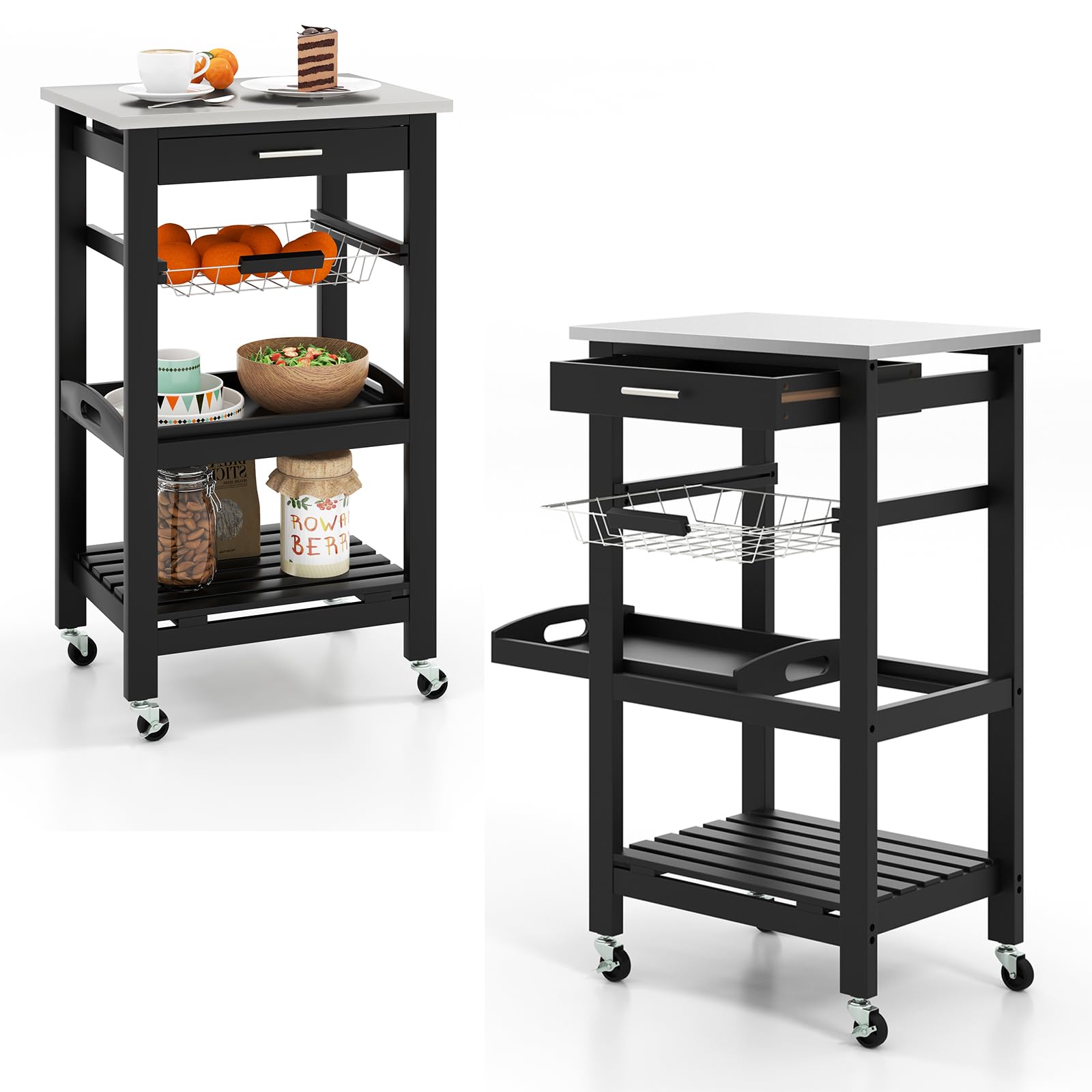 KOMFOTTEU Carrello Cucina con Ruote e Piano di Lavoro in Acciaio Inox, Carrello Portafrutta e Portavivande con Cassetto e Cestello Metallico, Carrellino Portaoggetti per Sala da Pranzo (Nero)