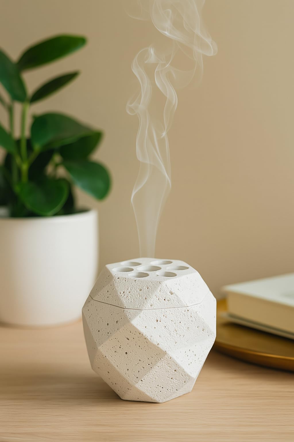 Jrose Collections White Geometric Bakhoor Burner With Lid – 9X9cm Resin Incense Burner With Brass Inlay – Aromatherapy Holder For Oud, Resin, Bakhoor & Incense – Minimalist Modern Design For Home Decor