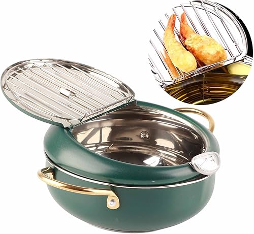 Alvinlite Olla para freidora, freidora pequeña de tempura, olla japonesa de acero inoxidable con termómetro, freidoras verdes de grasa profunda para