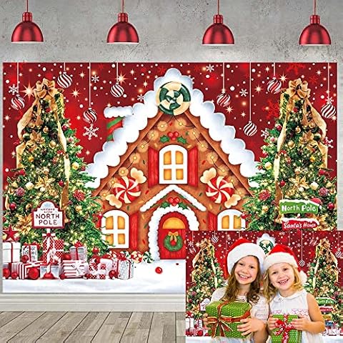 Christmas Gingerbread House Backdrop Winter Merry Xmas Tree Gift Photography Background Family Holiday Party Red Christmas Theme Backdrop decoration 7x5FT Cover