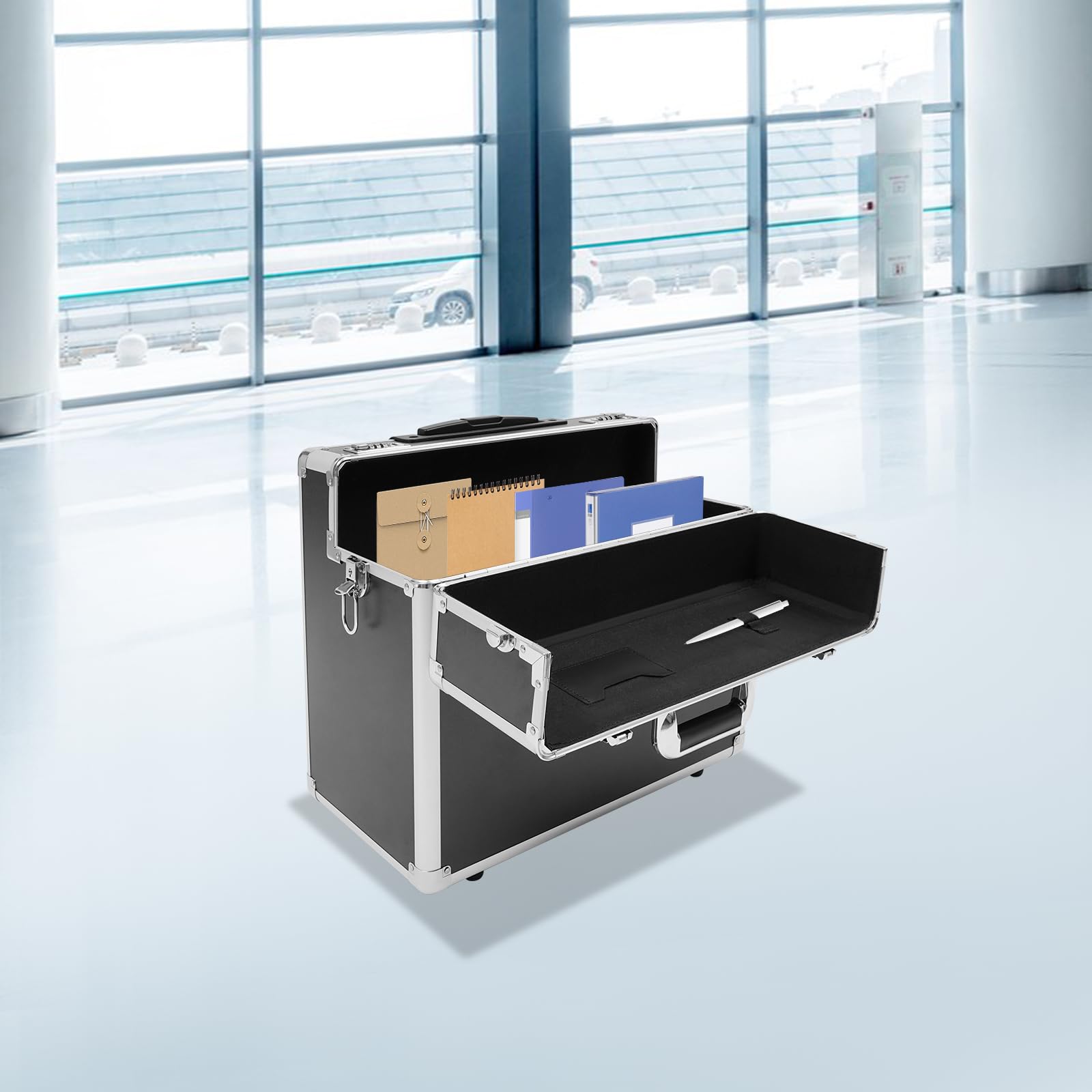 Pilotenkoffer mit Rollen, Rollbarer Aktenkoffer aus Aluminiumlegierung, Laptop Rollkoffer mit Teleskopstang, Abschließbarer Business Trolley, 48.5x23x39 cm (Schwarz)