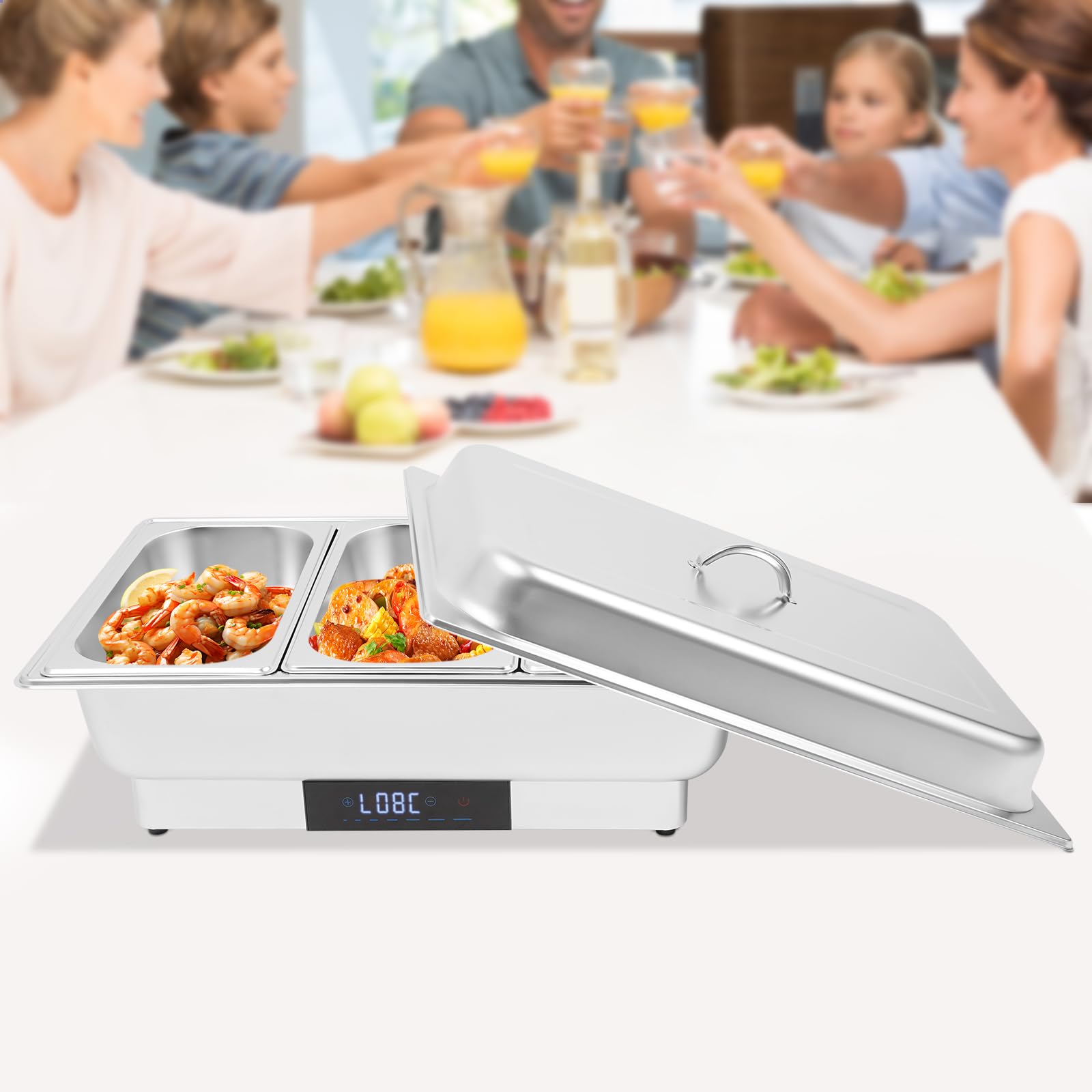 Scaldavivande elettrico in acciaio inox, controllo della temperatura, touch screen, 3 scomparti, 9 l, 600 W, per buffet, feste, cene in famiglia