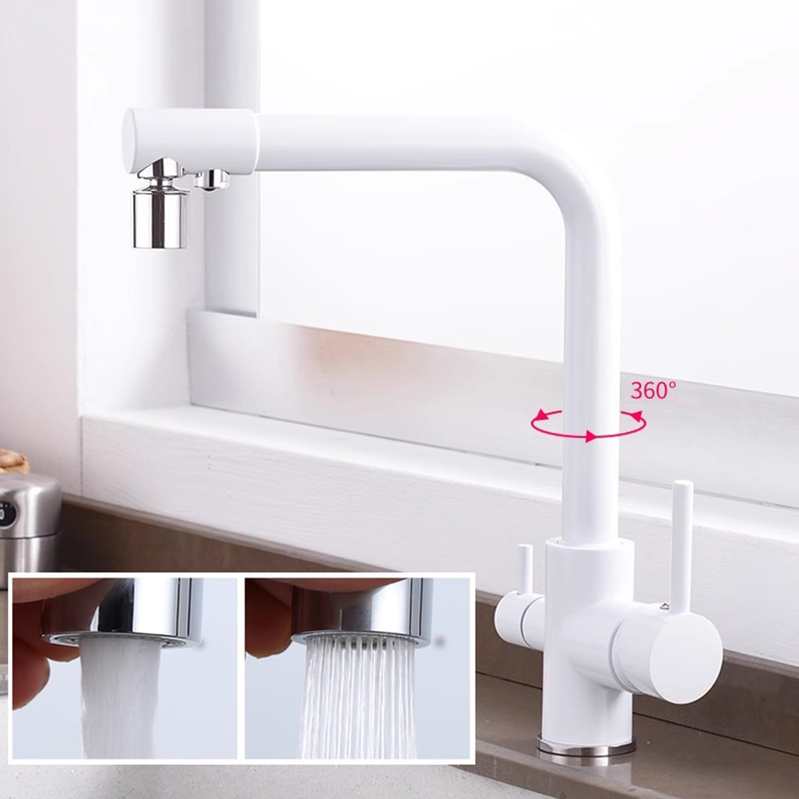 Robinet 3 Voies Filtre A Eau Robinet avec 2 Fonction Jets 360 ° Rotation Blanc