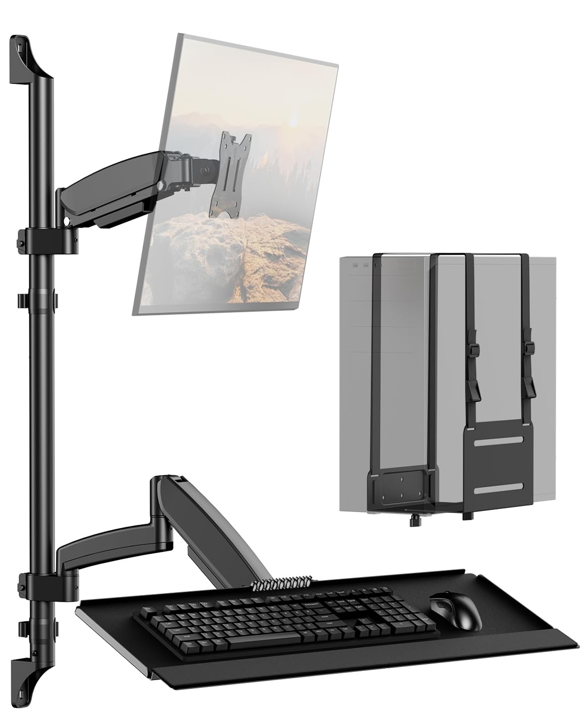 Soporte de pared para estación de trabajo con soporte para monitor individual, bandeja para teclado y soporte para CPU, altura ajustable y brazos totalmente articulados para pantallas de 17-32