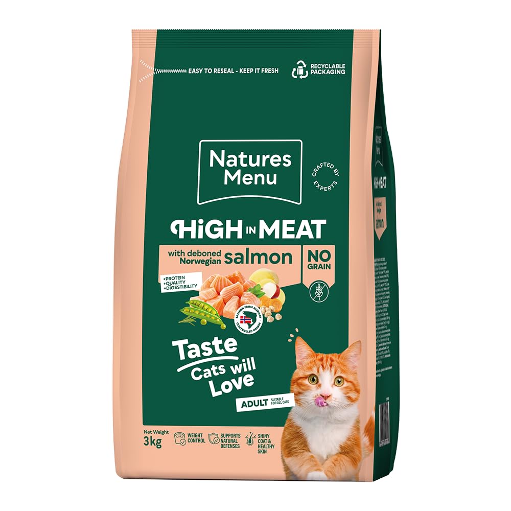 Natures Menu High in Meat - No Grain Dry Food for Adult Cats with Norwegian Salmon - 3kg