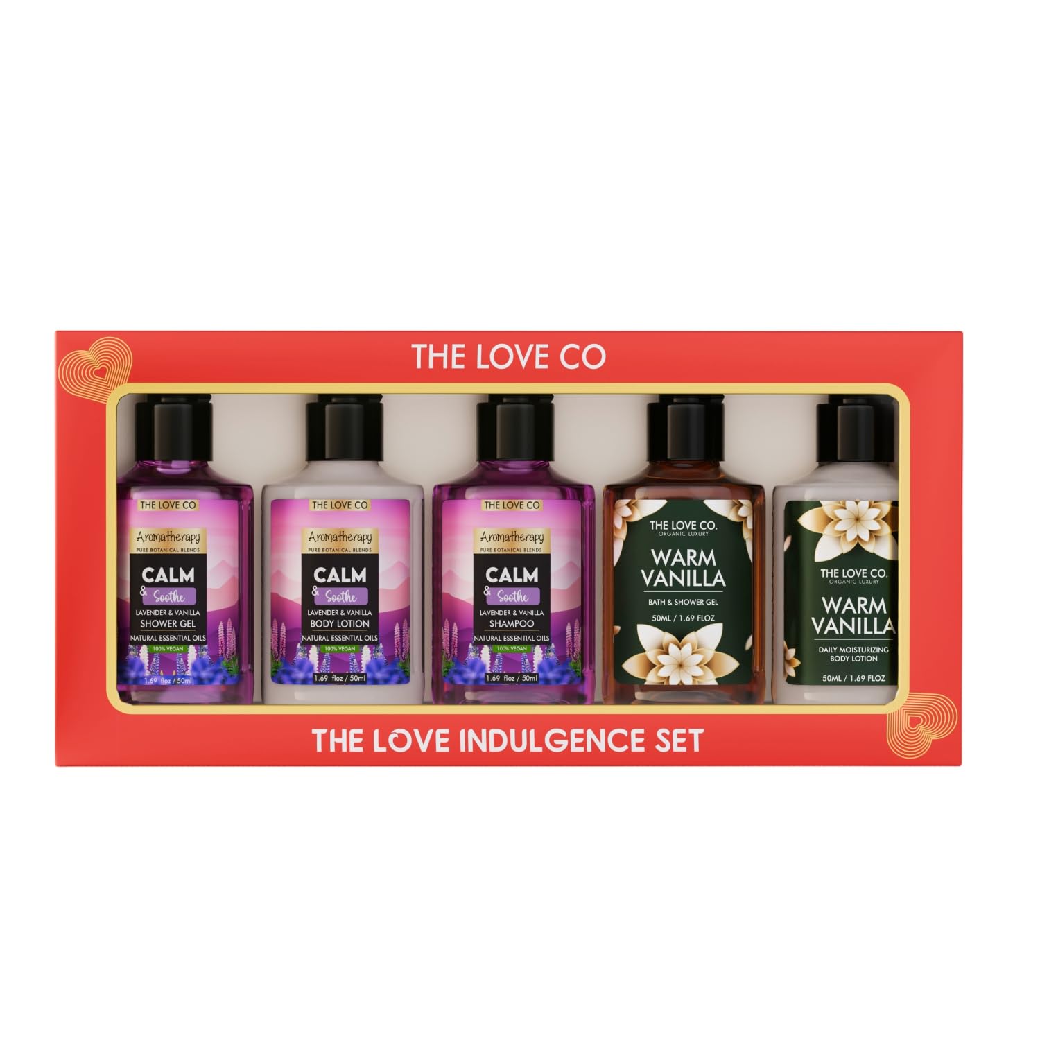 THE LOVE CO Calm & Soothe + Warm Vanilla Gift Collection: Indulge in Shower Gel, Body Lotion & Shampoo | Opulent Bathing Experience | Ideal Birthday & Special Occasion Hamper - Travel | Pack of 5