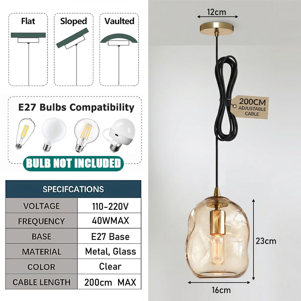 Suspensions en Verre Ambre Incurvé Vintage E27 Lampe Suspendue