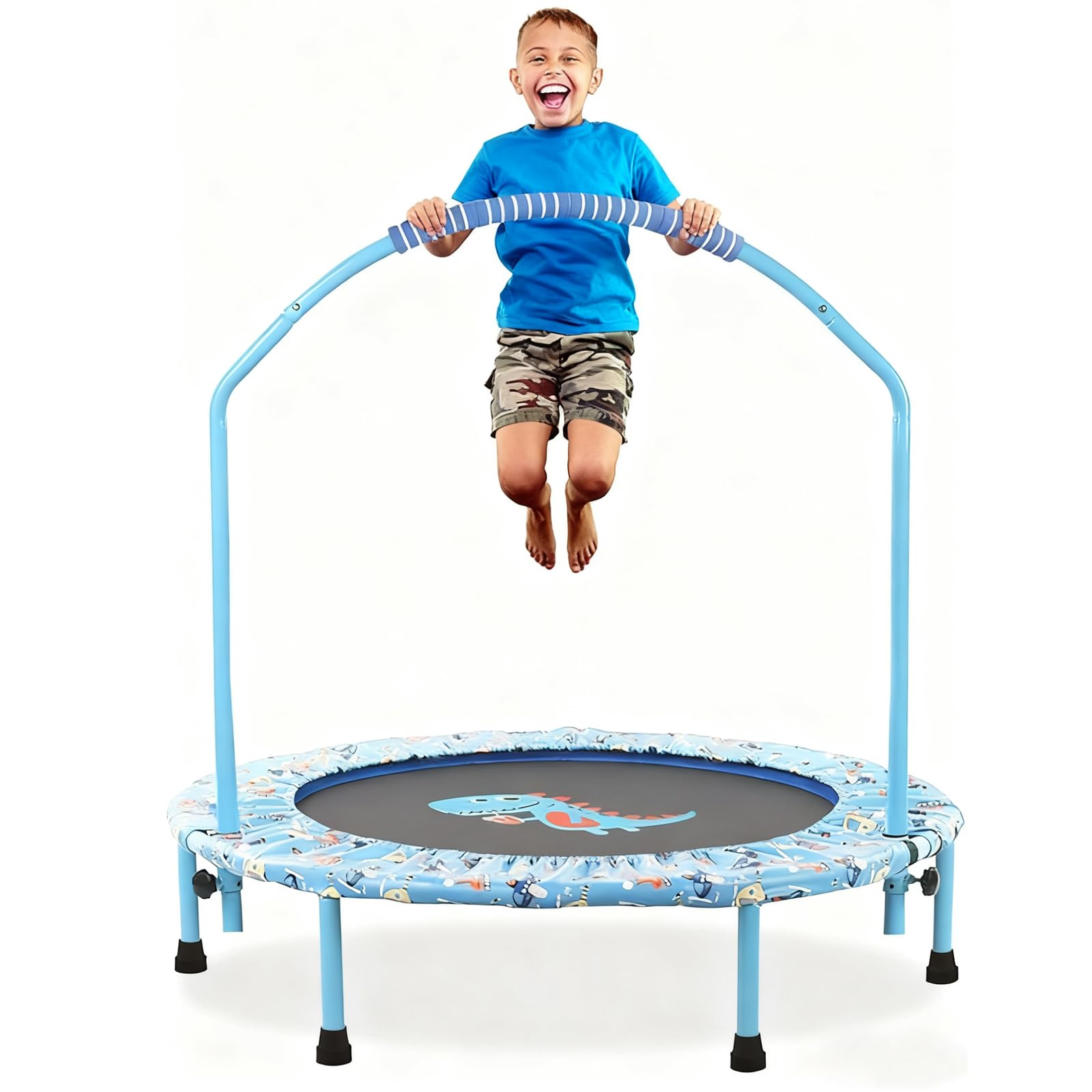 38'' Kids Trampoline Mini Foldable Fitness Noise-Free Trampoline with Adjustable Handrail and Safety Padded Cover Exercise Foldable Bungee Rebounder Indoor Outdoor Garden Use