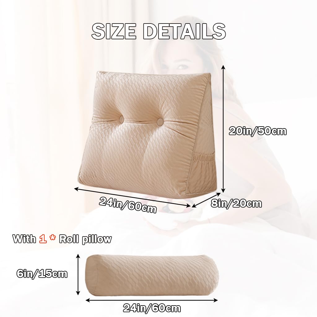 Velvet Headboard Wedge Coussin avec Roll Coussin,Couverture Amovible lit de Jour Oreiller de tête, Appui de positionnement du Dossier Oreiller Repos Lecture Relaxant (Beige, 60 * 50 * 20cm)