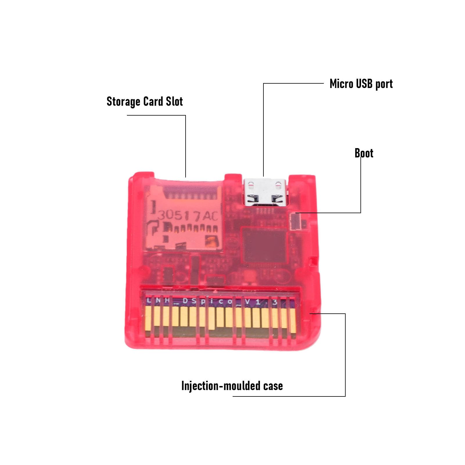 Yunseity DSPico DS Flashcard pour ND 3DS 2DS DSi NDSL NDS, Lecteur de Carte de Jeu Open Source RP2040 avec Vitesse de 6 Mo/s, Cartouche Flash de Mise à Niveau R4 pour Logiciel Homebrew et (Rouge