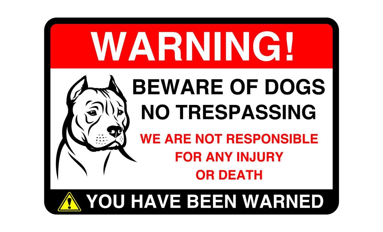 Beware of the dogs no trespassing! "we are not responsible for any injury" dog sign - 3mm Aluminum Dibond high-visibility and durability for indoor/outdoor usage (200mm x 150mm)