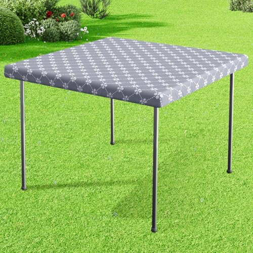 misaya Square Vinyl Table Cloth, Elastic Fitted Tablecloth with Flannel Backing, Waterproof Plastic Table Cover Fits Folding Tables for Camping, Indoor and Outdoor (Grey, 34" x 34")