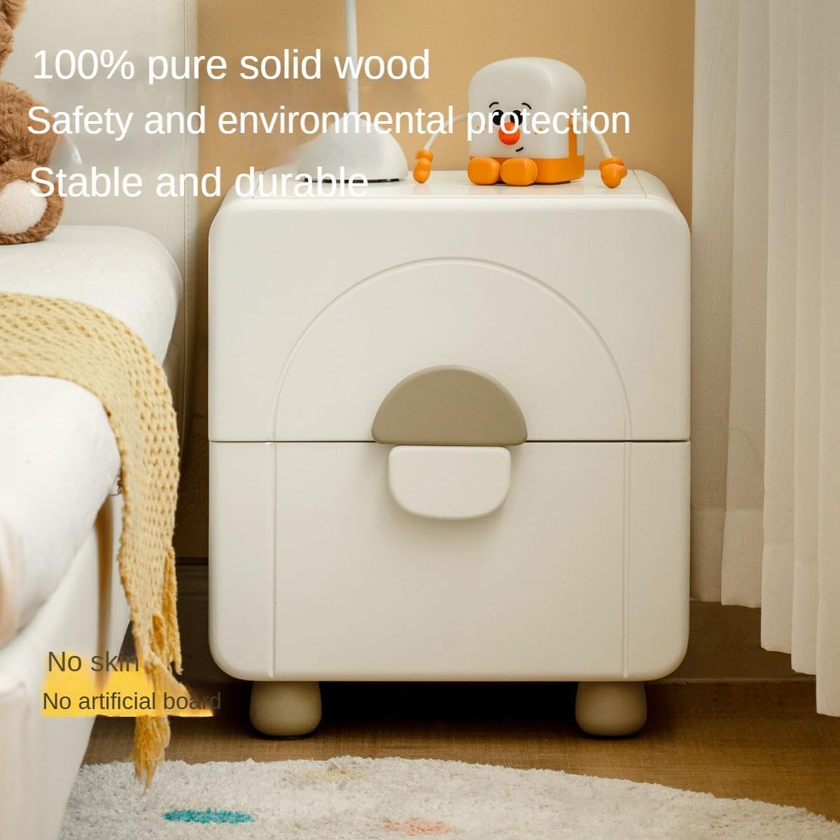 GVAwood Rubber Wood Solid Wood Kids Nightstand. 15.7x13.7x17.7 inch / 40x35x45cm / Warm White Color/Children's Bedside Table Pink Handle Legs