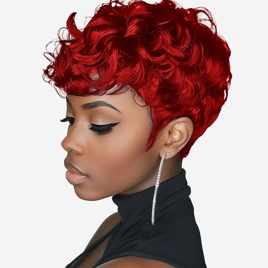 DOcute Pixie Cut Wigs for Black Women Short Hair Red Short Wigs for Black Women With Bang Curly Black Women wigs (Red)