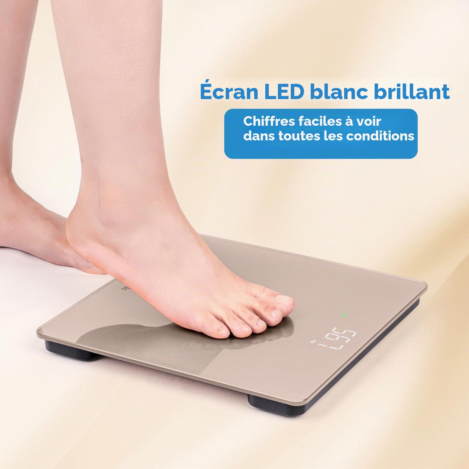 Homebuds Balance Connectée, Haute Précision 0,05kg Par Notre Professional Fabricant Depuis 2001, Pese Personne Step-On et LED Lumineuse, APP Sync Avec le Poids et l'IMC, 182kg, Or Rose