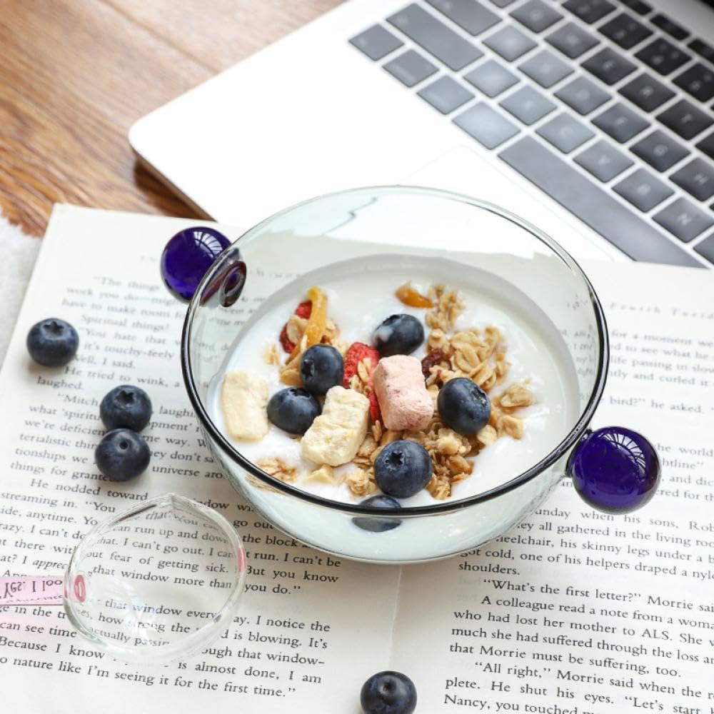 Sizikato Borosilicate Glass Dessert Bowl with Ball Handle, Colored Glass Snack Bowl Yogurt Bowl