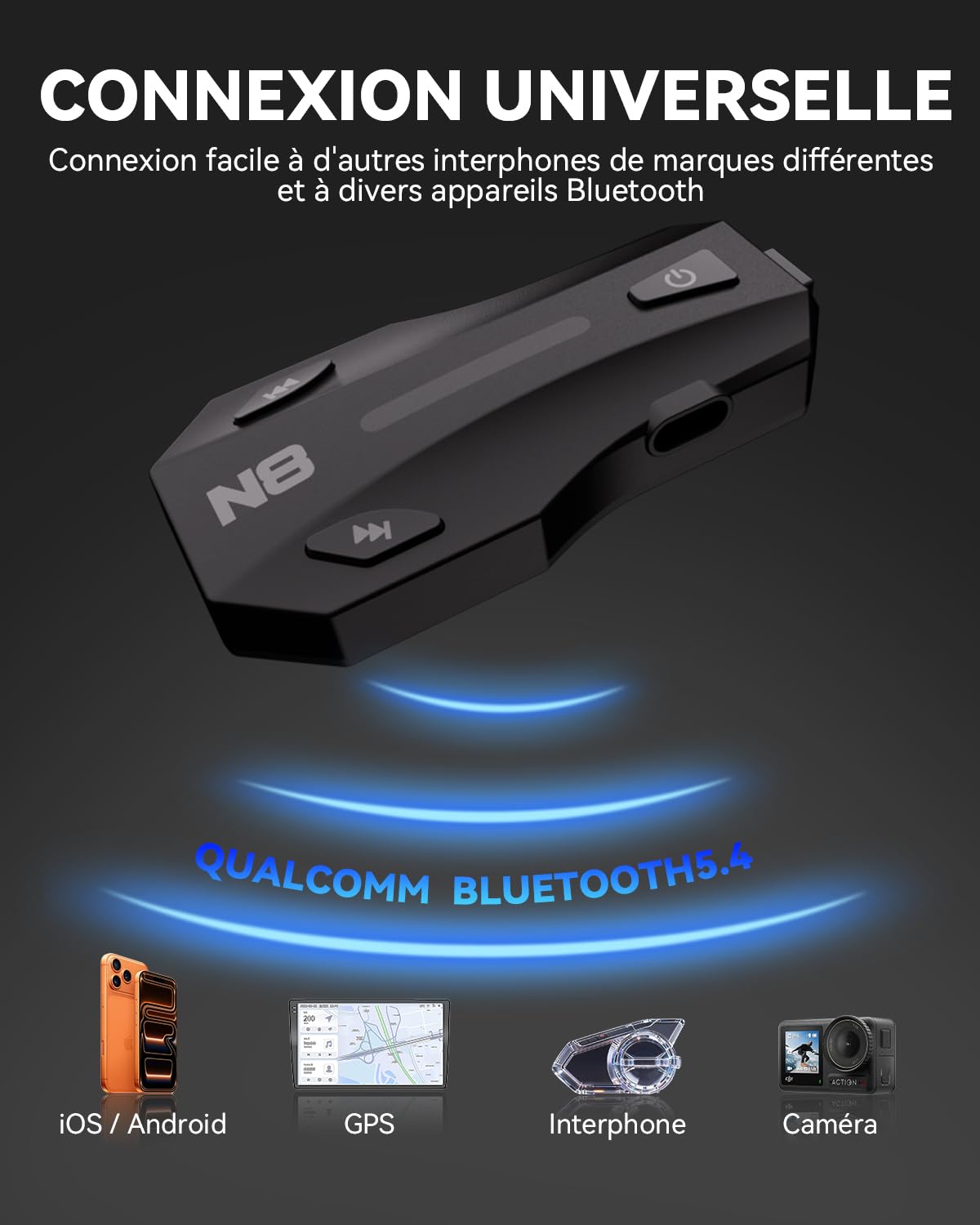 N8 Intercom Moto Mesh 3.0, Kit Bluetooth Casque Moto pour 1-8 Motards 2000m Système de Communication, Partage de Musique, Multitâche Audio, Kit Main Libre per Motocyclette/ATV, Duo