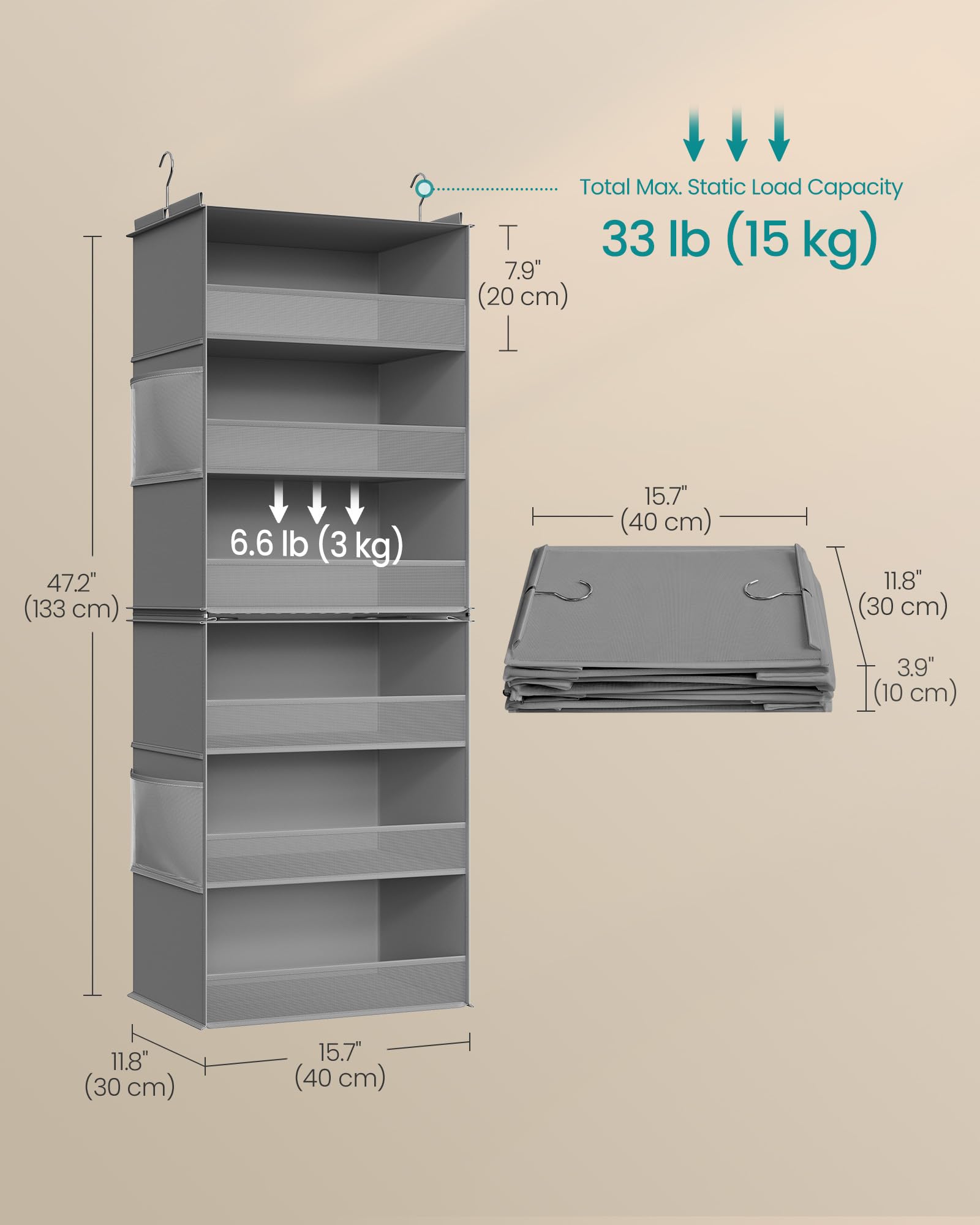 SONGMICS Juego de 2 organizadores colgantes para armario, estante de almacenamiento de tela de 6 niveles, estante colgante separable con bolsillos laterales, plegable, ganchos de metal e inserciones