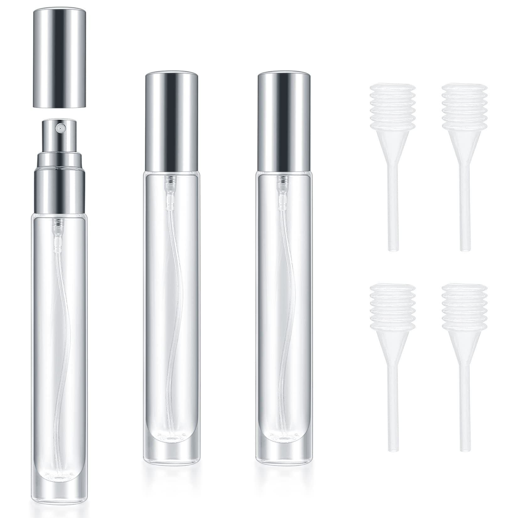 Set di 4 Spray per Profumo in Vetro, con Nebbia Fine, Flacone Spray per Profumo Riutilizzabile e Ricaricabile in Vetro, Flacone Spray per Viaggi, Profumi e Trucco - Argento