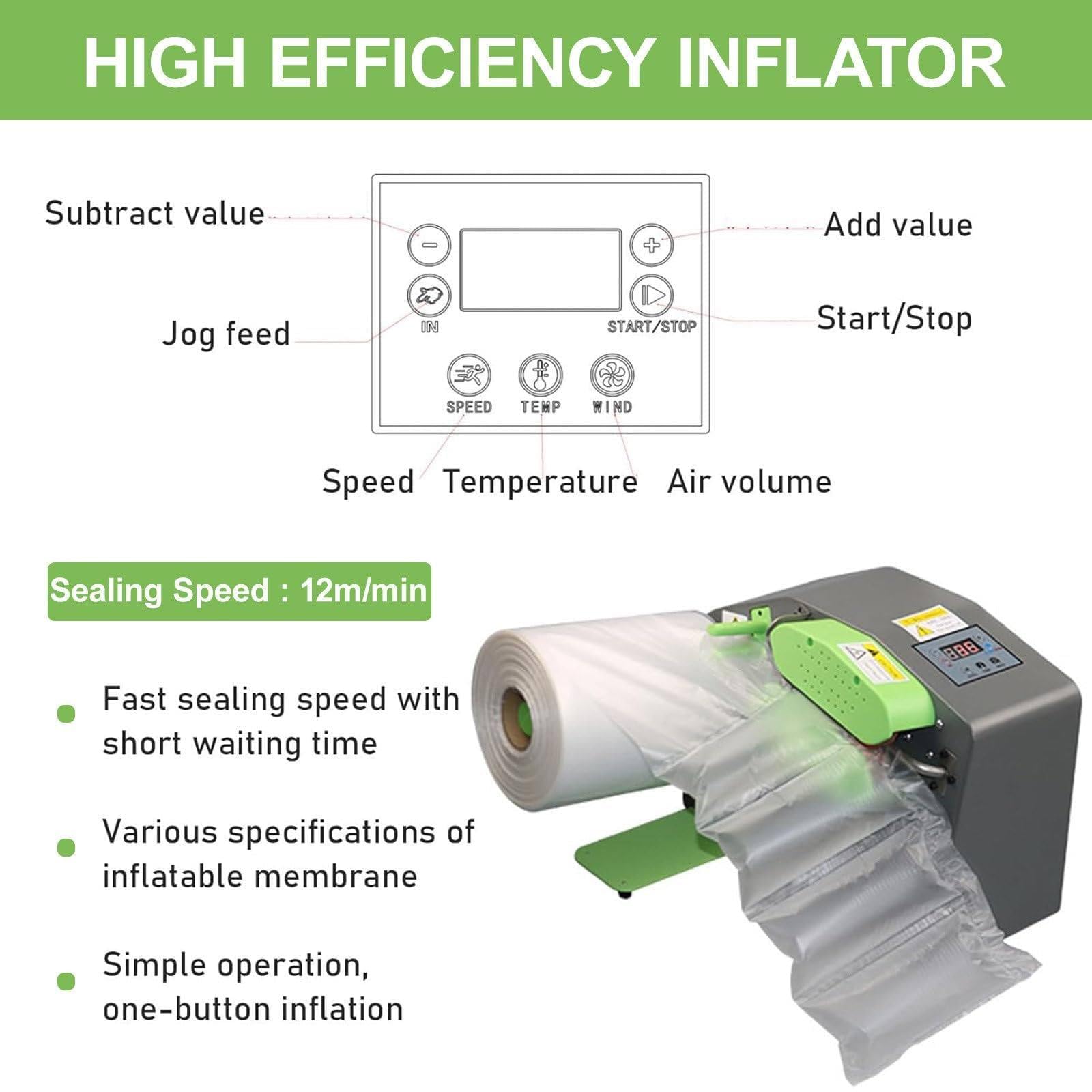 Machine automatique à coussin d'air avec écran numérique LCD, gonfleur de sac professionnel 12 m/min, température de scellage thermique 160-200 niveaux pour emballage