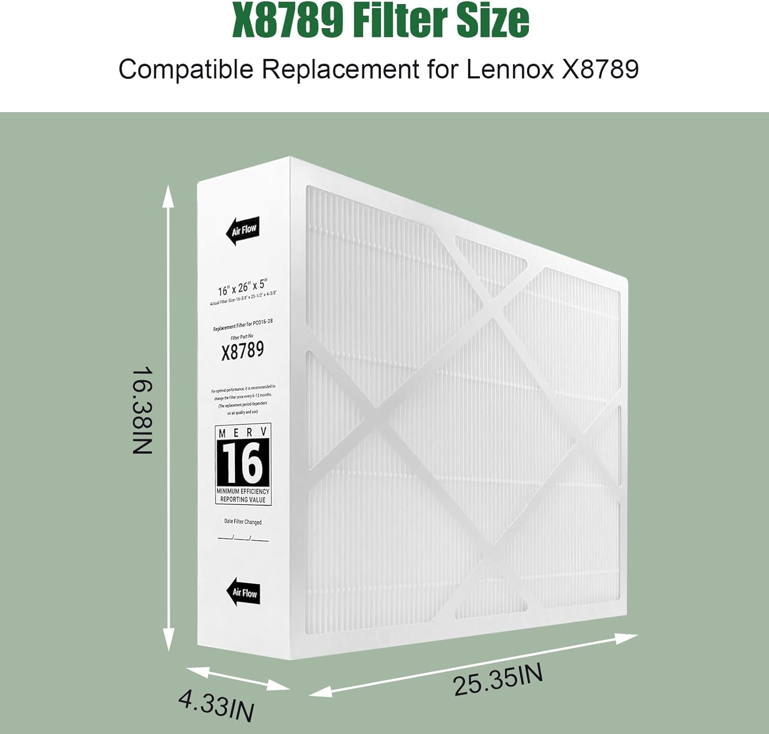 X8789 Filter 16x26x5 MERV 16 Filter – Compatible with Lennox X8789 and PureAir PCO16-28 Air Cleaner 2 Packs Carbon Clean Furnance Filter (Furnaces,Air Conditioners,Heat Pumps)