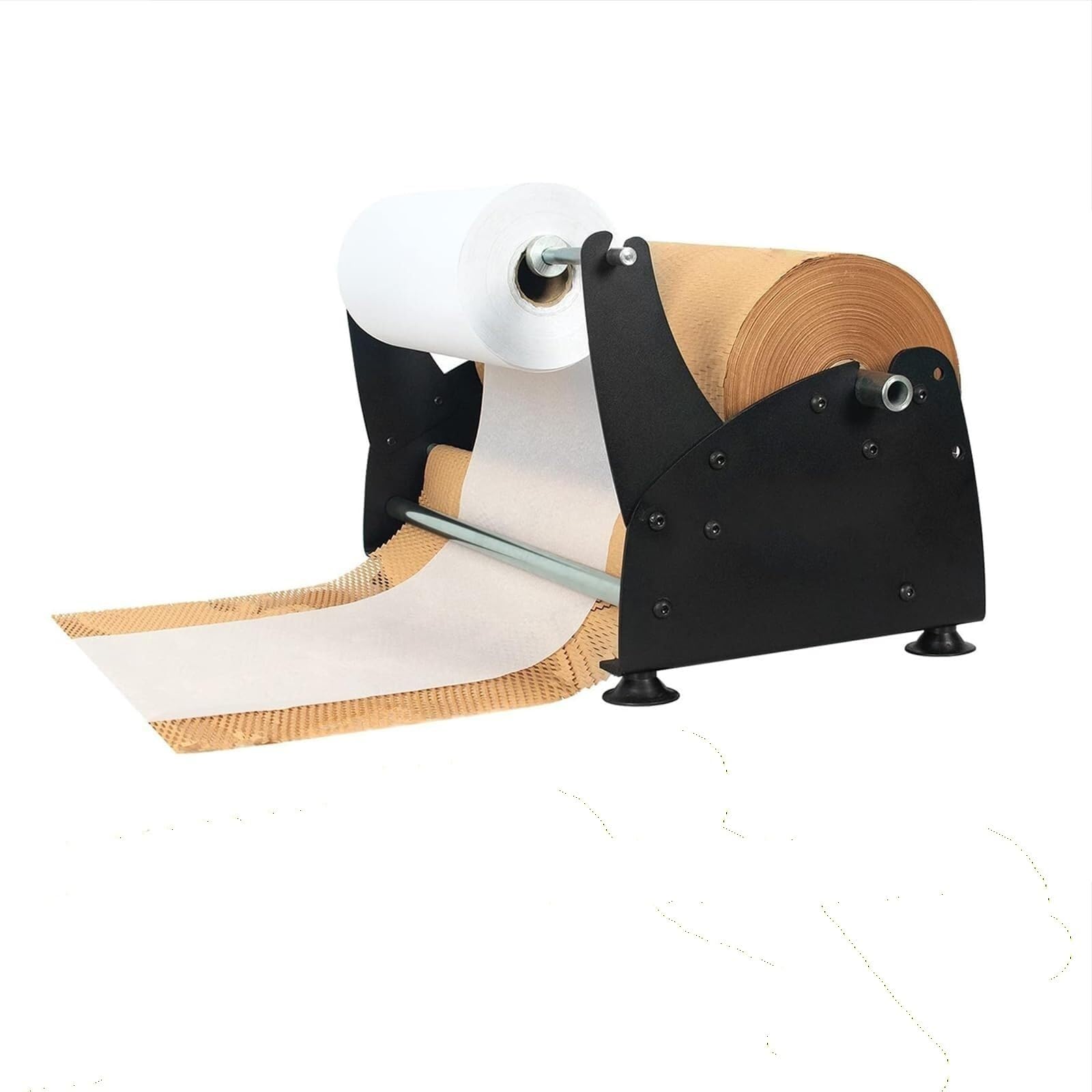 Dispensador manual de papel de panal para envolver rollos | Tensión ajustable, base antideslizante, acero resistente, operación manual, para cerámica y artículos frágiles.