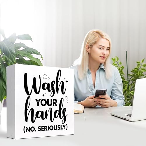 Miniatura 7 de z-crange Letrero divertido de madera con texto en inglés Wash Your Hands, placa de madera para baño, estante y decoración de inodoro