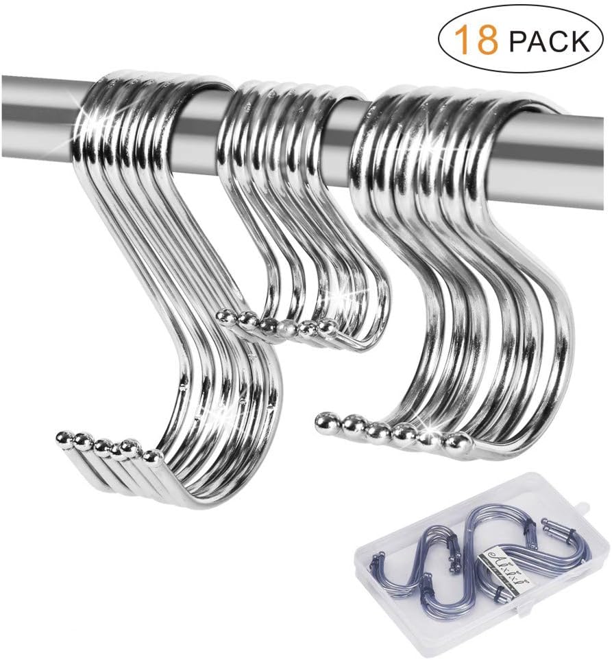 18-Pack S Shaped Metal Hooks Stainless Steel S Hook, Heavy Duty Multipurpose Assorted Sizes with Storage Box Pack, for Hanging Pans Pots Plants Rack Accessory in Kitchen Bedroom & Office by Aixixi