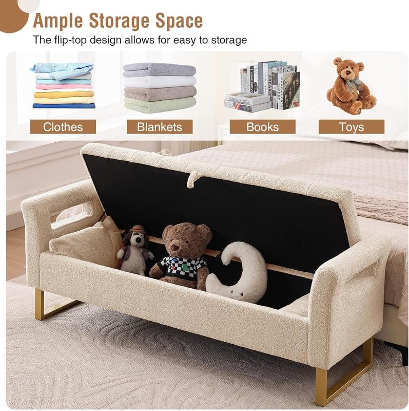 Fabrique Dover Boucl Fabric 2-Seater Ottoman Bench in Cream with Metal Legs | Multipurpose Storage Chest & Sofa Bench for Living Room, Bedroom & Hall | Stylish Seating with Storage | 5-Year Warranty 2