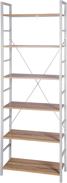 eSituro Heavy Duty 6-Tier Storage Shelves Ladder Bookshelf Industrial Bookcase Shelving Unit Stand with White Metal Frame Light Oak Wooden Shelves 60x27.5x180CM SSTR0046